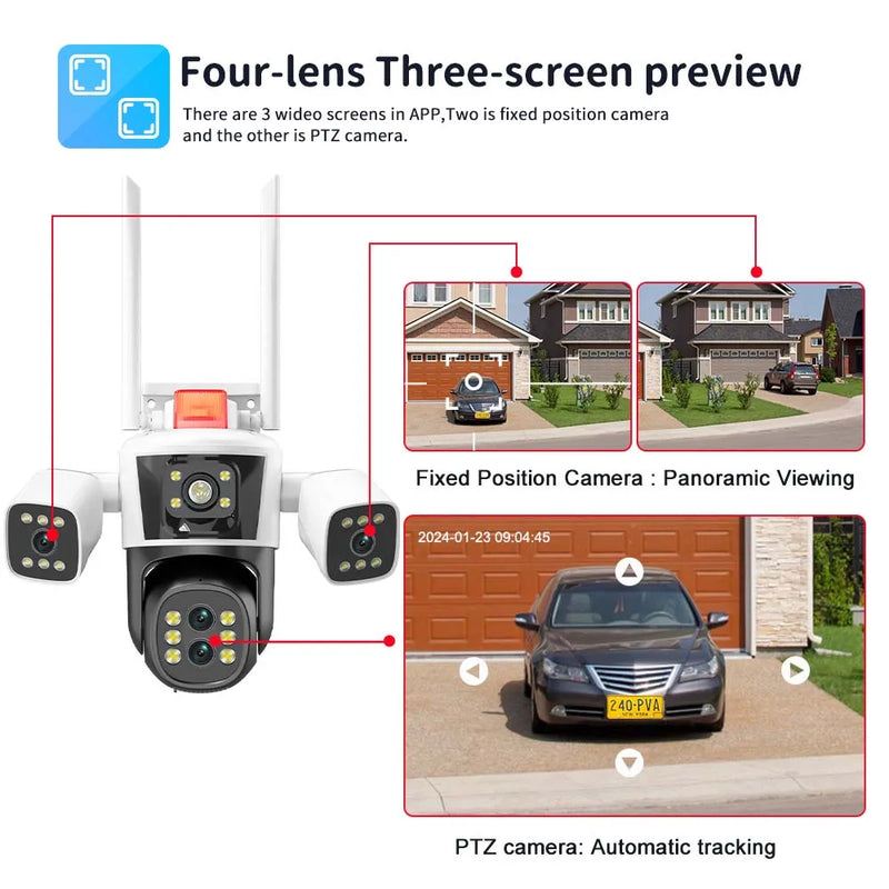 8K 16MP WiFi Camera 10X Zoom Four Lens Outdoor Security Protection PTZ IP Camera Auto Tracking CCTV Surveillance Cam Waterproof