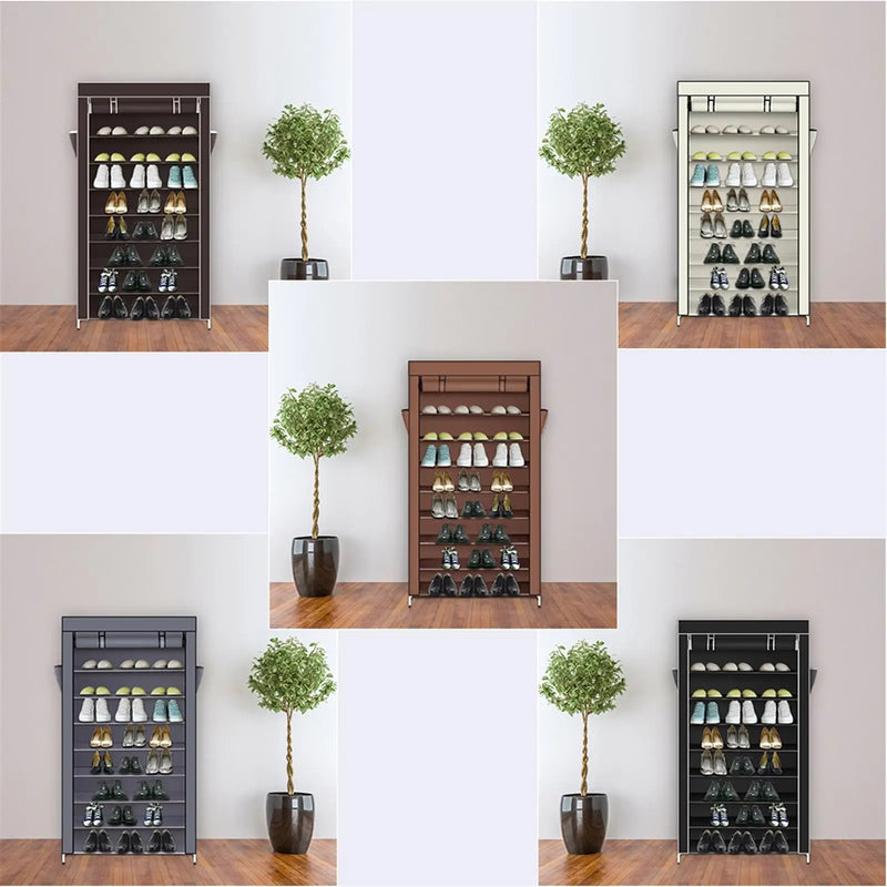 10-Tier Dustproof Shoe Rack Organizer - Black Closet Storage Cabinet for Space-Saving Shoes