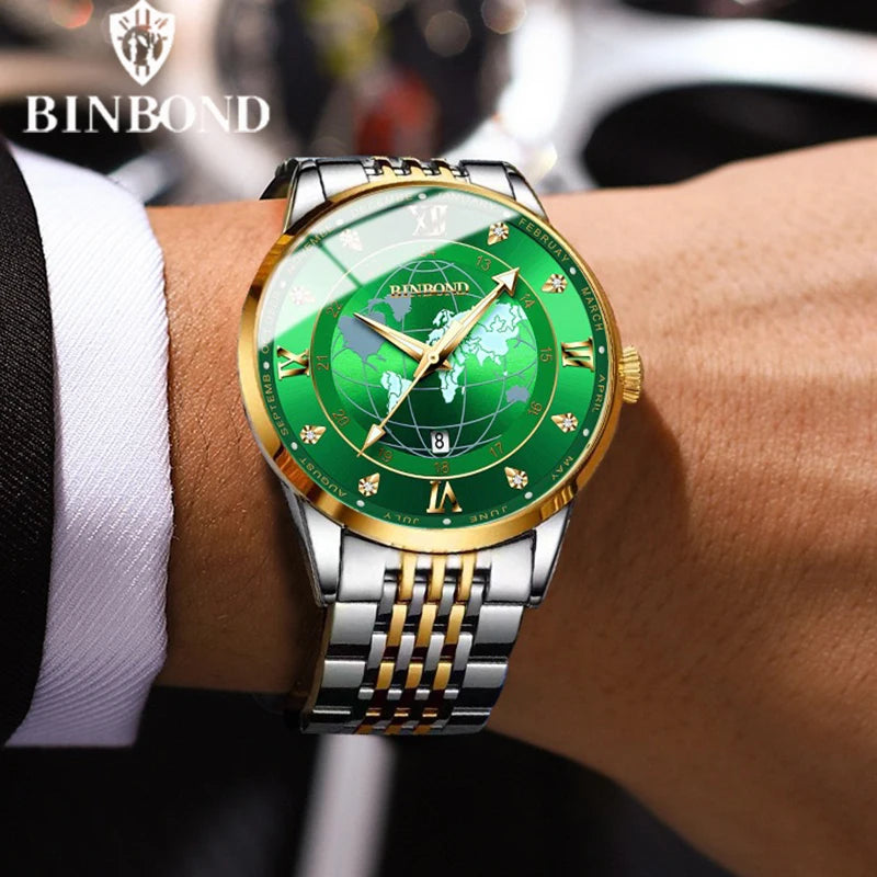 Brand BINBOND B0117 2023 Men Quartz Watches Date Calendar Luminous Wristwatch Fashion Men Casual Stainless Steel WaterproofClock