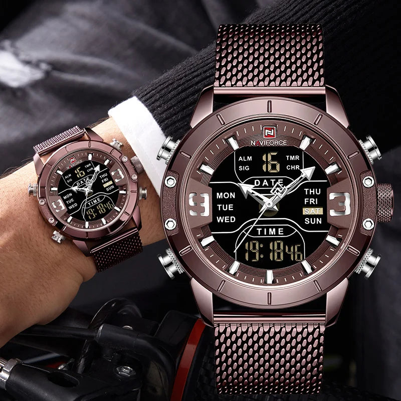 NAVIFORCE Watch Men Stainless Steel Military Army Waterproof Man Wristwatch Digital Quartz Male Clock Relogios Masculino 9153