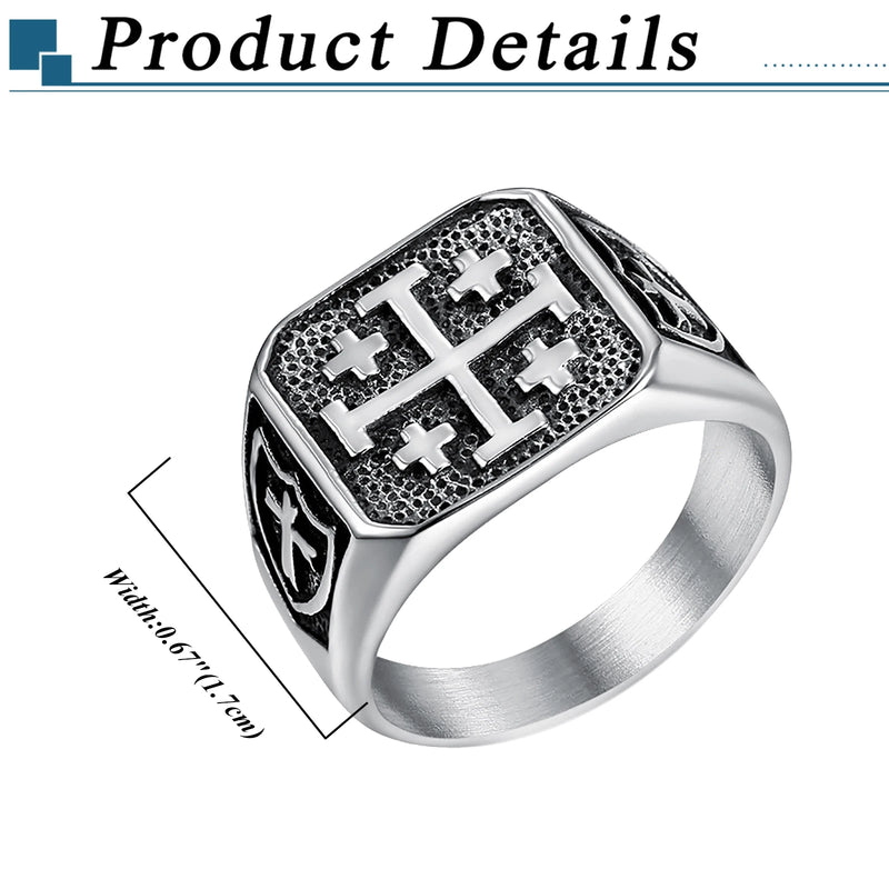BONISKISS Men's Cross Ring Retro Jerusalem stainless steel signet ring Religious ring Father's Day Baptism Easter Holiday gift