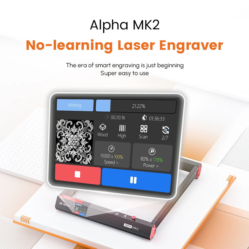 AlgoLaser Alpha MK2 Laser Engraver 20W Output Power 3.5” Color Touch Screen App Offline Control DIY Engraver Tool for Metal MDF