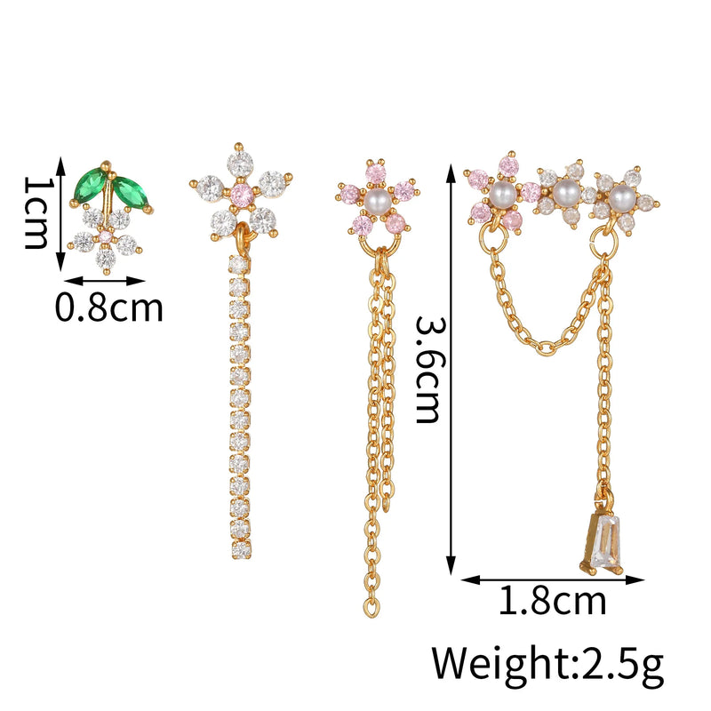 1PC Stainless Steel Zircon Flower Chain Pendant Earrings Korean Long Tassel Piercing Earrings For Women Wedding Jewelry Gift