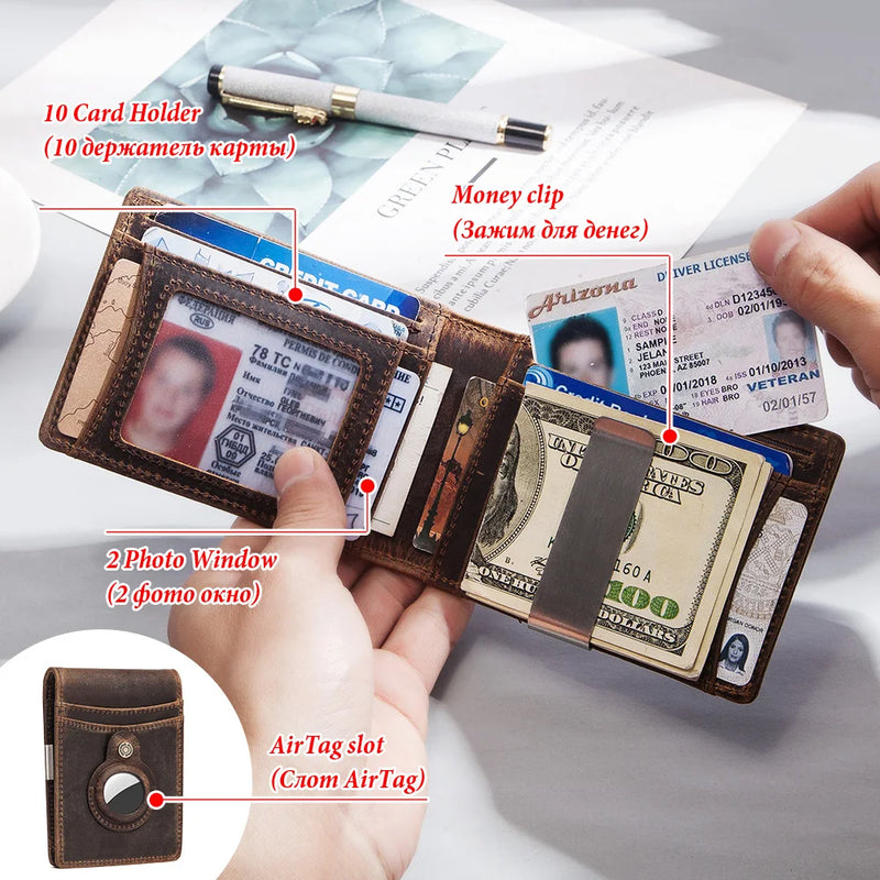 Free Engraving Leather Money Clips ID Credit Card Holder Wallet Purse RFID Blocking Men's Bank Card Wallet Case Protection Perse