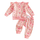 Adorable Baby Girl Easter Outfit Pink Floral Print Ruffle Sleeve Top Bowknot Elastic Waist Pants 2 Piece Set