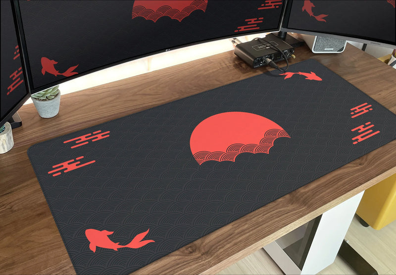 Japanese Desk Mat Black & Red Mouse Pad Koi Fish Sun Cloud Japan Art Seal Sunrise Large XXL Gaming Deskmat Rubber Mousepad 90x40