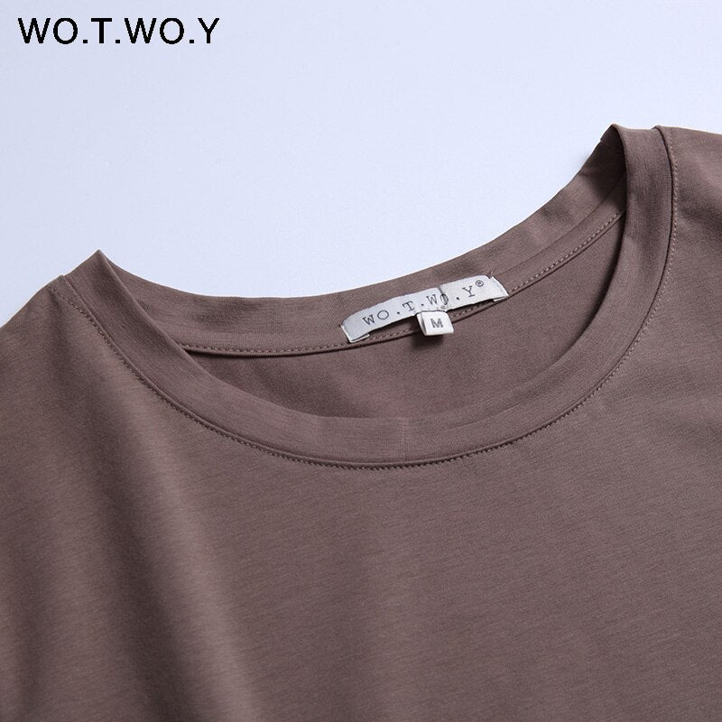 WOTWOY 2023 Summer Cotton T Shirt Women Loose Style Solid Tee Shirt Female Short Sleeve Top Tees O-Neck T-shirt Women 12 Colors