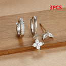3PCS Stainless Steel Gold Color Four Flower Hoop Earrings Set for Women Elegant Zircon Pendant Huggies Piercing Trendy Jewelry