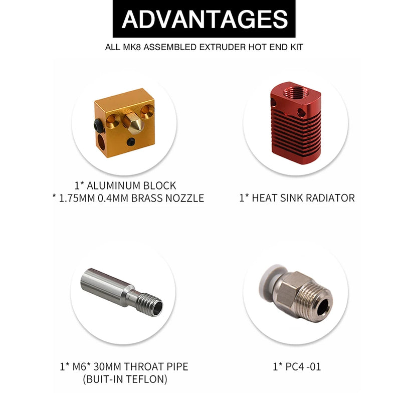 MK8 Assembled Extruder Hot End Kit Full Metal CR10 Hotend Extruder 1.75mm Aluminum Heating Block For Ender 3 Ender 5 CR10 CR10S
