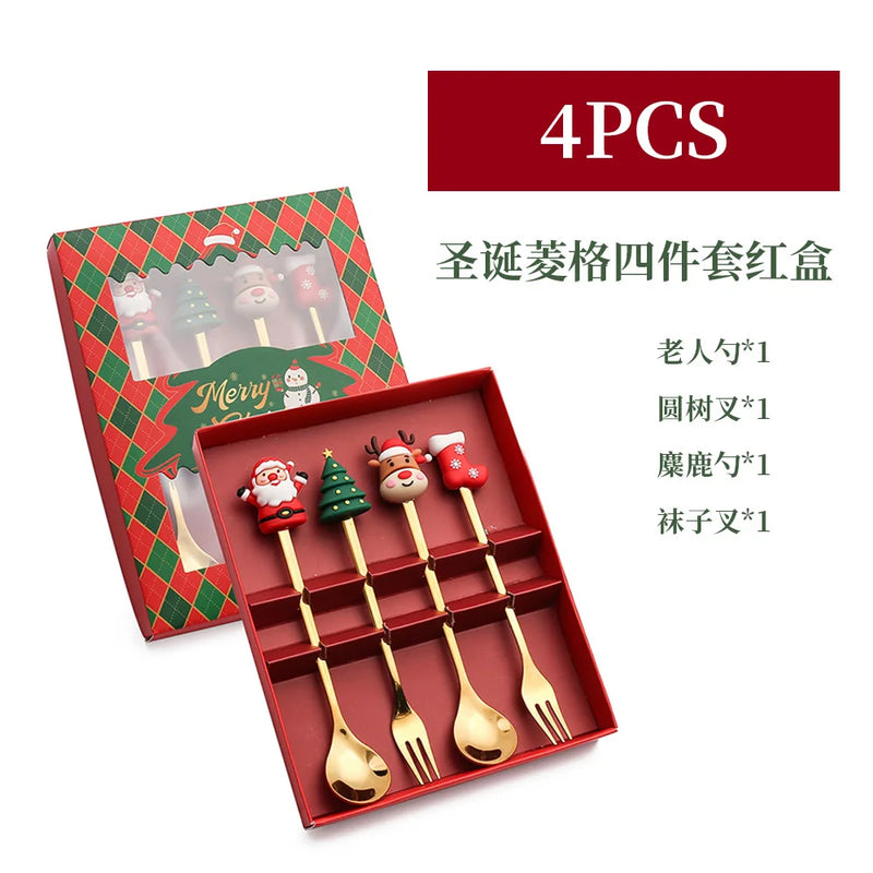 Christmas Dinnerware Stainless Steel With Luxury Gift Box Tableware Desser Fork Coffee Spoon Santa Cutlery For Christmas