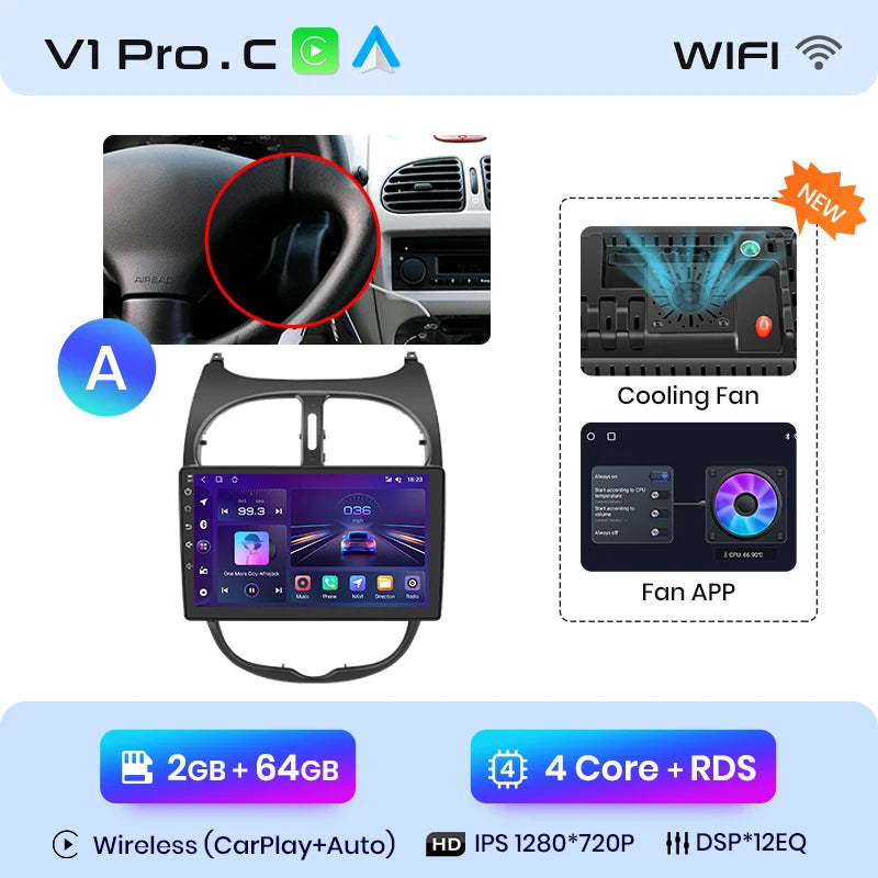 Junsun V1 Wireless CarPlay AndroidAuto Radio For Peugeot 206 206CC 206SW 2001-2008 4G Car Intelligent Systems 2Din Autoradio GPS