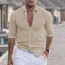 New Men's Shirt Cotton linen Casual Polo Neck Beach Shirt Long Sleeve Solid Hawaiian Holiday Shirts Streetwear