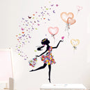 Beautiful Flower Girl with Butterfly Heart Shape Balloon Wall Stickers for Girl Bedroom Living Room Home Decorative Stickers PVC
