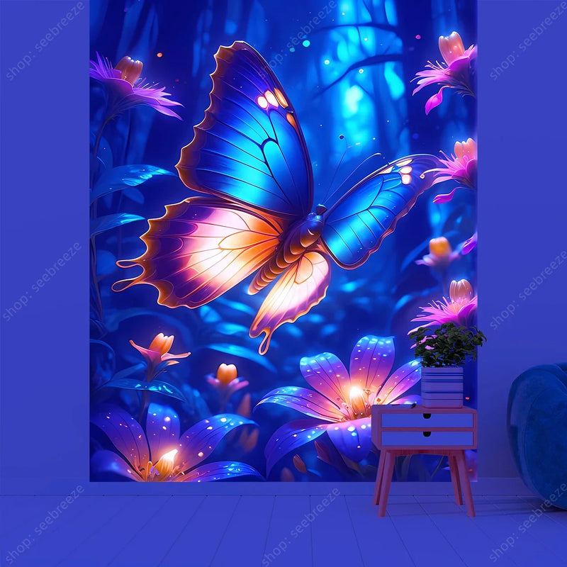 Butterfly Flower UV Reactive Tapestry Wall Hanging Hippie Boho Room Decor Aesthetic Psychedelic Home Dorm Wall Decor Party Decor