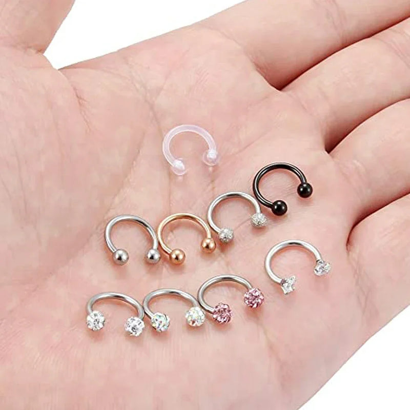 1/9PCS 16G Surgical Steel Lip Hoop Ring Crystal Cubic Horseshoe Barbell Tragus Cartilage Earring Helix Daith Septum Piercing