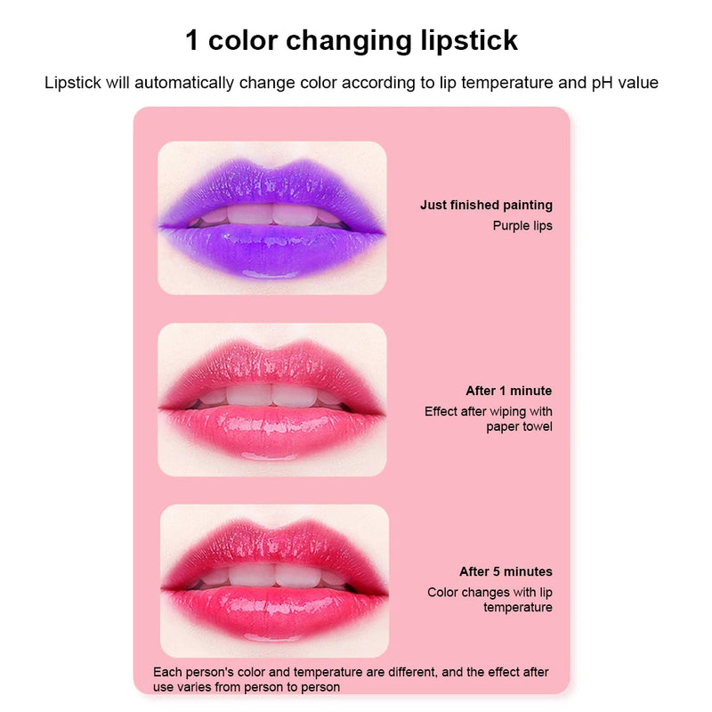 QIAWES Color Changing Lipstick Waterproof Non-stick Cup Long-lasting Smudge Proof Moisturizing Temperature Change Lipstick