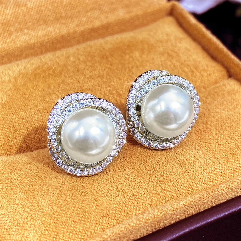 Huitan Shiny Imitation Pearl Stud Earrings Fashion Cross Design Aesthetic Women Ear Piercing Accessories Wedding Party Jewelry