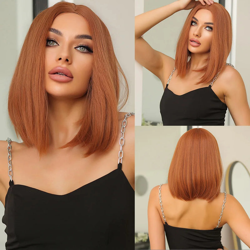 Short Synthetic Wigs Straight Bob Cut Middle Part Blunt Wig Ginger Orange Copper Fiber Hair for Black White Women Heat Resistant