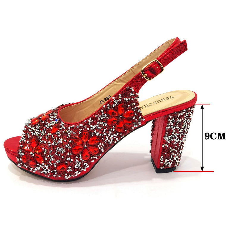 Venus Chan 2022 Nigerian Summer Hot Sale Luxury Fashion Ladies High Heel Slippers and Bags Set with Rhinestones for Wedding