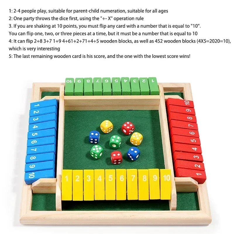 Deluxe Four Sided 10 Numbers Shut The Box Party Games Dice Party Club Colorful Drinking Game for Adults Children Interactive Toy