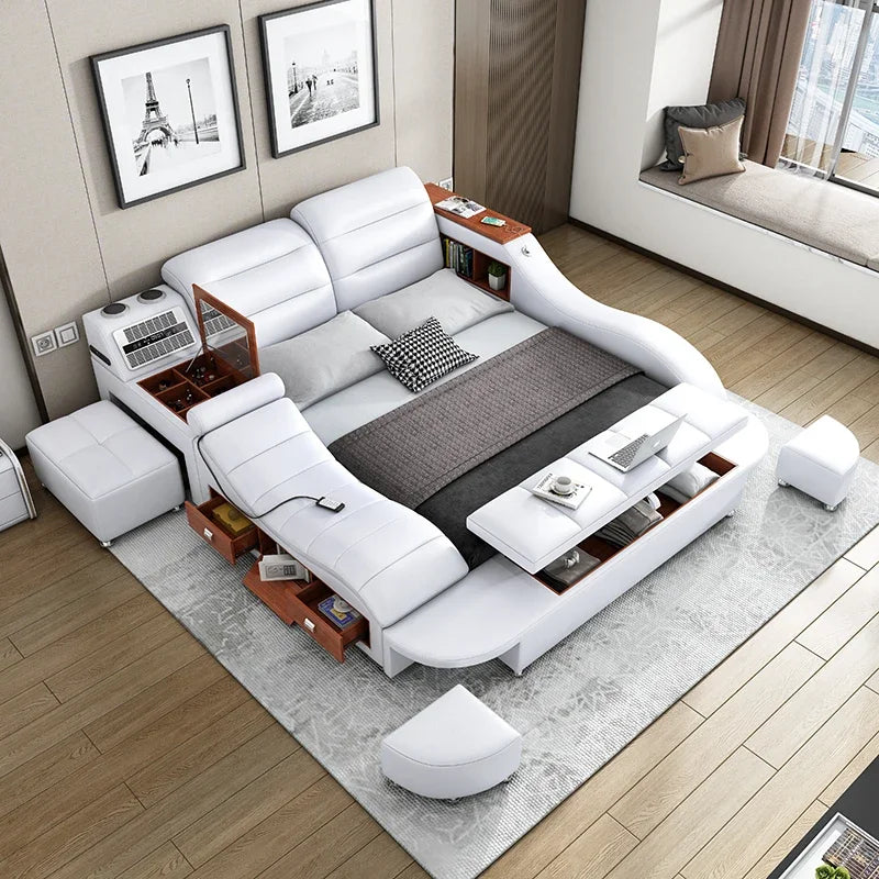 Nordic Unique Wood Double Bed Storage Queen Master Multifunctional Modern Double Bed Luxury Smart Cama Casal Bedroom Furniture