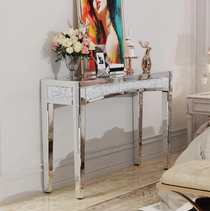 Ultra Long Luxury Mirrored Console Table Hallway Table w/ Thicken Tapered Legs