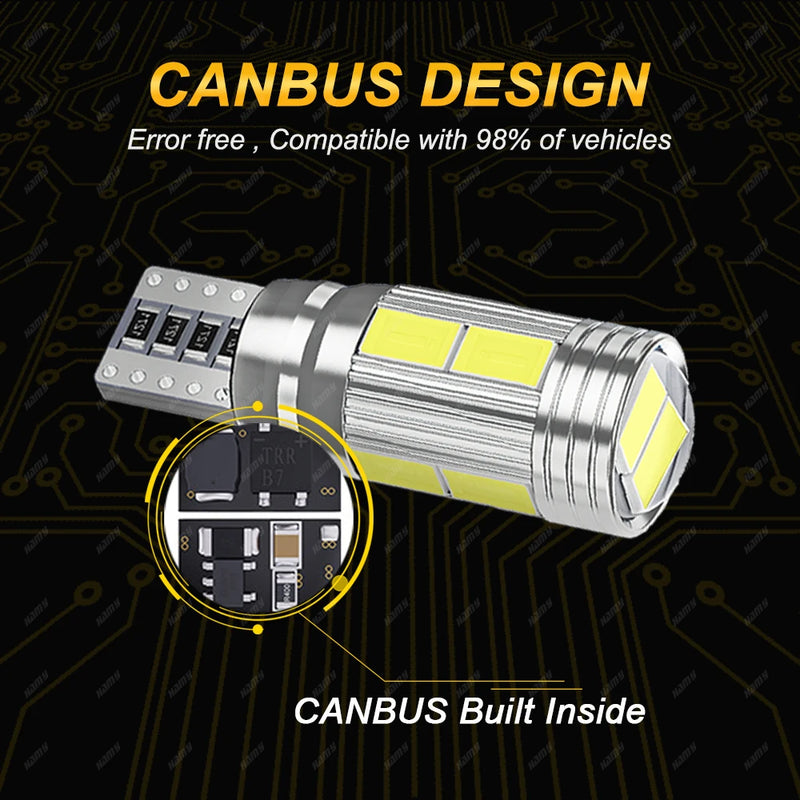 2 PCS T10 W5W 194 LED Bulbs For Car LED Signal Light Canbus Error Free 12V 10SMD 6500K White Wedge Side Trunk License Plate Lamp