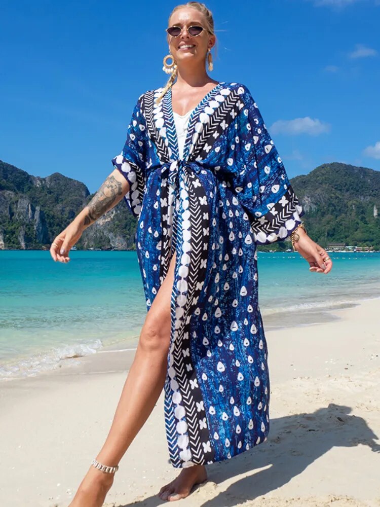 Swimsuit Cover Up Printed Kimono for Sea Boho Coverup Long Luxury Beach Outings Belted Swimwear Cape Holiday Bathing Suits Sales