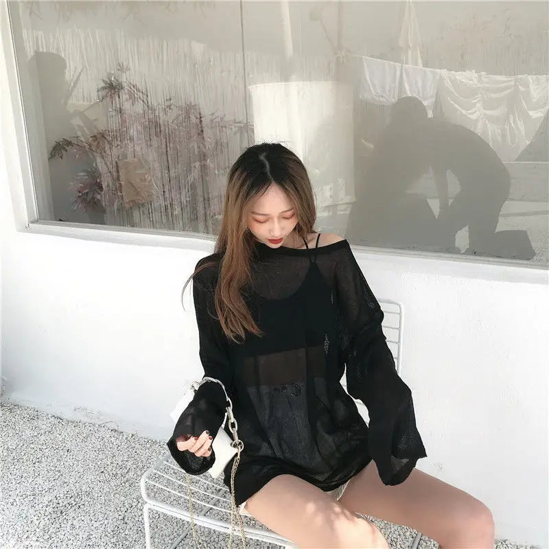 Summer New Thin Ice Silk Long Sleeve T Shirt Tops O Neck Loose Versatile Youth Pullovers Simplicity Casual Women Clothing