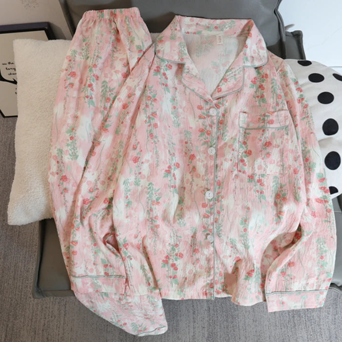 Flower Print Women Autumn Two Piece Pajama Set Long Sleeve V Neck Top & Elastic Waist Pants 2 Pieces Female Sleepwear Nightwear