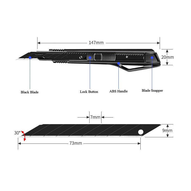 9mm Utility Knife Box Cutter, 30 Degree Angle Sharp Precise Carbon Steel Blades Self Locking Cardboard Package Cutting Opener