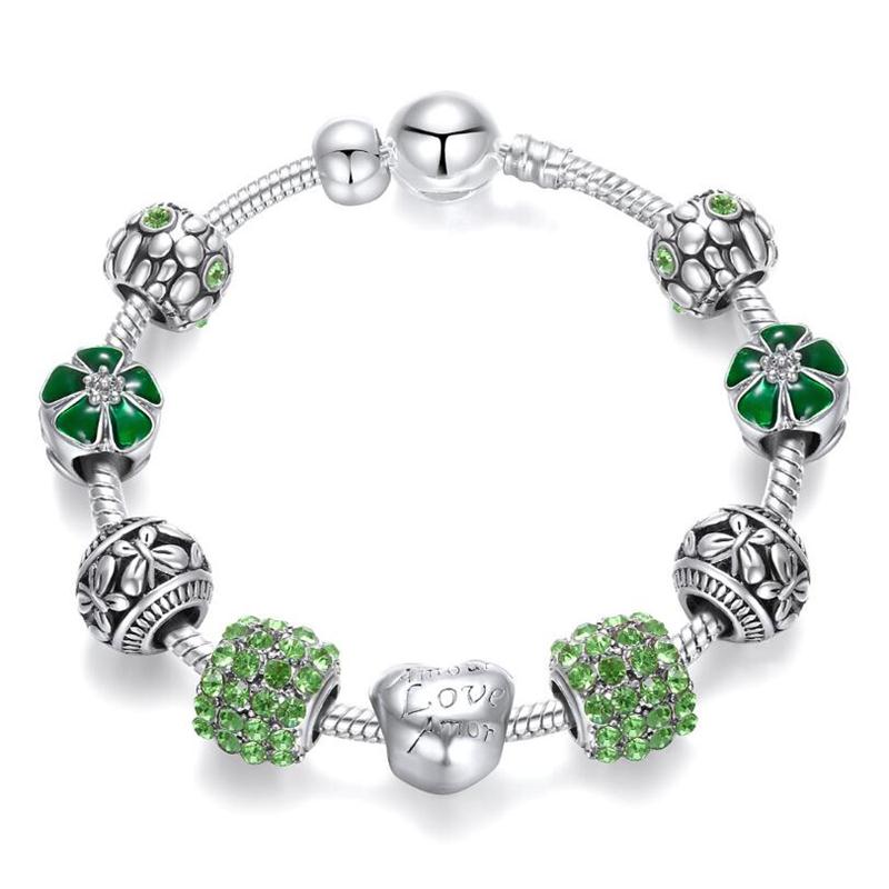 LMNZB NEW Trendy Tibetan Silver Four Leaf Clover Bracelet With Crystal Beads Charm Bracelet Bangle For Women DIY Jewelry