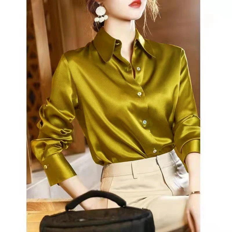 2024 Summer Trend Fashion Women's Casual Elegant Satin Long Sleeved Shirt Office Women's Shirts And Blouses Slim Femal Clothes