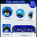 Gamer Birthday Decorations Blue, 65pcs Gaming Party Tableware Set - Game Themed Party Plate Cups Napkins Tablecloth etc