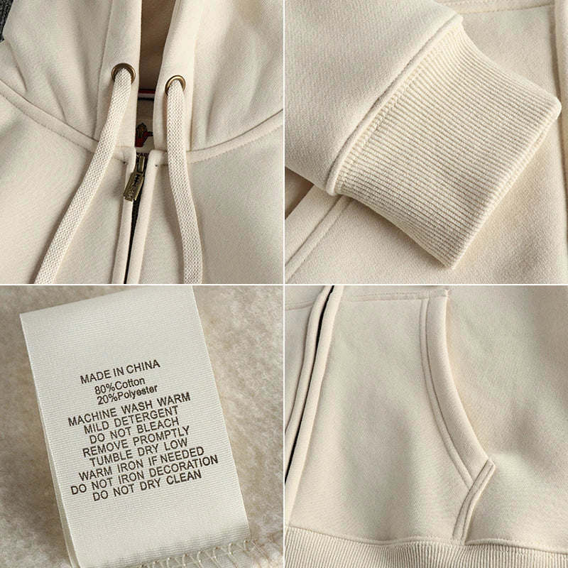 Autumn Winter American Retro Heavyweight Long Sleeved Hooded Hoodies Men's Simple Thickened Velvet Casual Cardigan Sweatshirts