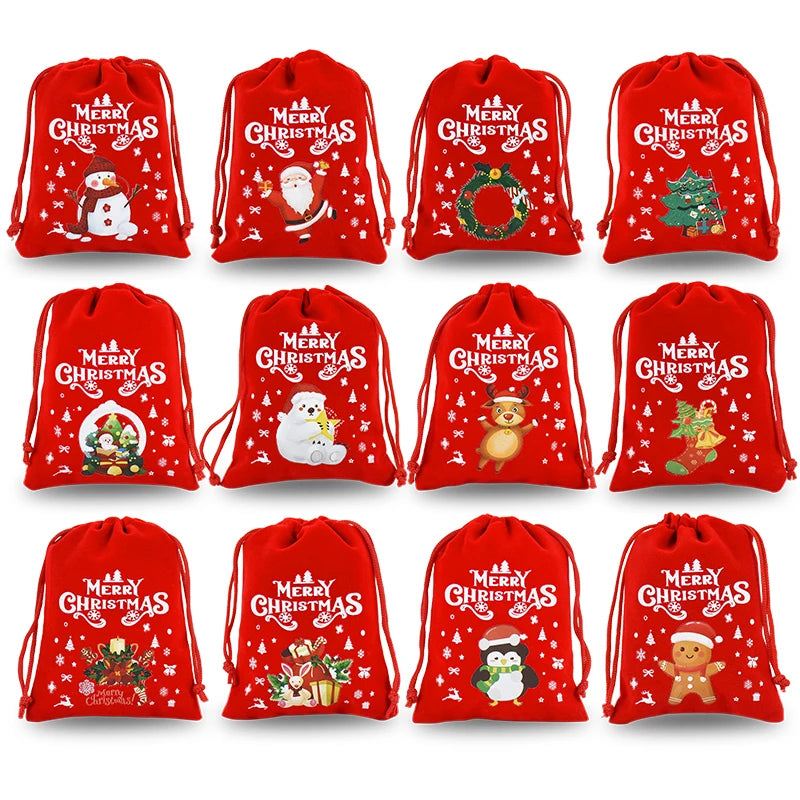 5pcs Red Christmas Velvet Bags Advent Calendar Drawstring Pouch Candy Snack Gift Bag Xmas Jewelry Packing Storage Bags New Year