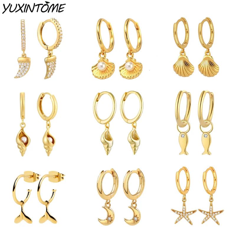 Vintage gold earring 925 sterling Silver Ear Needle Shell/Conch/Starfish Pendant Hoop Earrings for women Fashion Wedding Jewelry