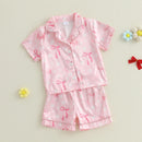 Girls Cute Floral Print Pajama Set with V-Neck Button Down Top and Matching Shorts for Summer Loungewear - 2 Piece Set