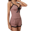 Summer Casual Women's New Comfortable Ribbed Fabric Pajama Set Women's V-Neck Bow Top And Shorts Pajama Set  Pijama Verano