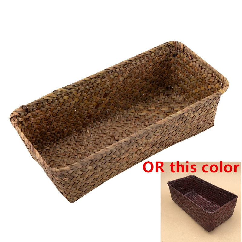 WHISM Handmade Wicker Storage Basket Rattan Fruit Tea Storage Box Holder Seagrass Picnic Basket Wickerwork Cosmetics Organizer