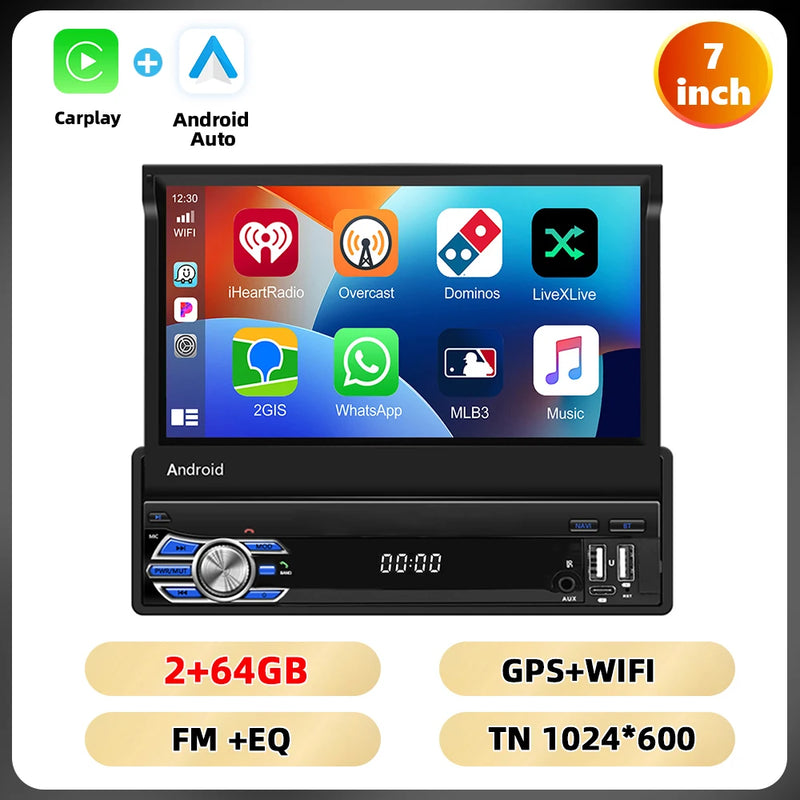 Podofo 4Core 1Din Android Car Stereo 7 ''Retractable Screen Car Radio Carplay Android 2 + 64G Mirror Link GPS WIFI Car Audio