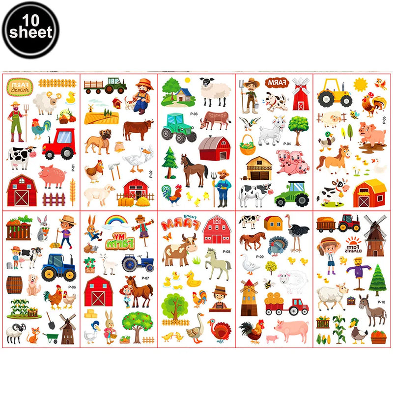 10 sheets Farm Party Temporary Tattoos Barnyard Animals Cow Horse Tractor Sheep Chick Tattoo Stickers Farm Animal Party Favors