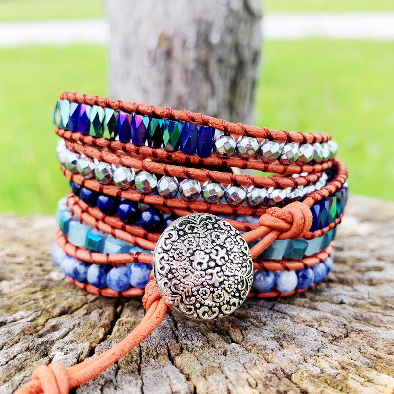 Unique Mixed Natural Stones Charm 5 Strands Wrap Bracelets for women Handmade Boho Bracelet Leather Bracelet gift jewelry