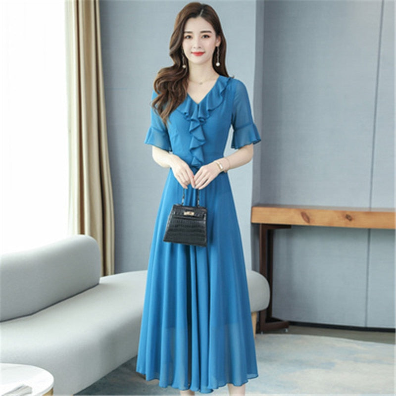 Chiffon dress 2020 Korean summer new fashion V-neck flared sleeves Slim was thin temperament big swing dress