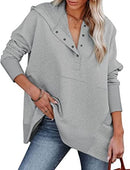 Funlingo Damen Oversized Hoodie Sweatshirt Lässiger Knopf V-Ausschnitt Pullover Langarm Kapuzenoberteile mit Taschen