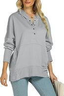 Funlingo Damen Oversized Hoodie Sweatshirt Lässiger Knopf V-Ausschnitt Pullover Langarm Kapuzenoberteile mit Taschen