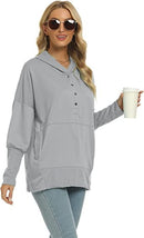 Funlingo Damen Oversized Hoodie Sweatshirt Lässiger Knopf V-Ausschnitt Pullover Langarm Kapuzenoberteile mit Taschen