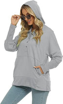Funlingo Damen Oversized Hoodie Sweatshirt Lässiger Knopf V-Ausschnitt Pullover Langarm Kapuzenoberteile mit Taschen