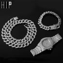 Halskette + Uhr + Armband Hip Hop Miami Curb Kubanische Kette Goldfarbe Iced Out Gepflasterte Strasssteine ​​CZ Bling Rapper Für Herrenschmuck