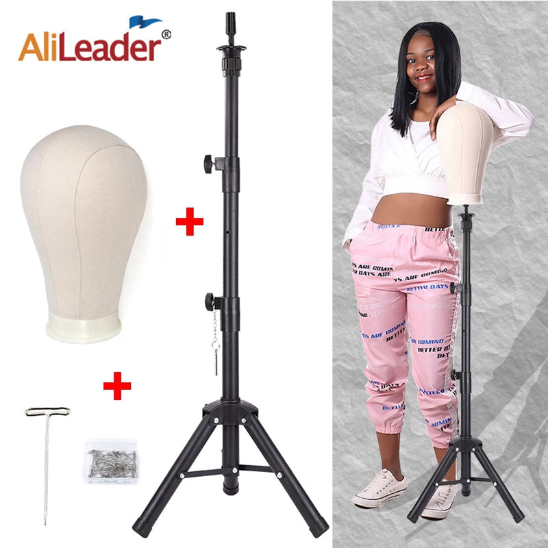 Alileader New 140Cm/64Cm Wig Stand Wig Tripod With Mannequin Canvas Block Head Adjustable Tripod Stand Wig Making kit TPins Gift